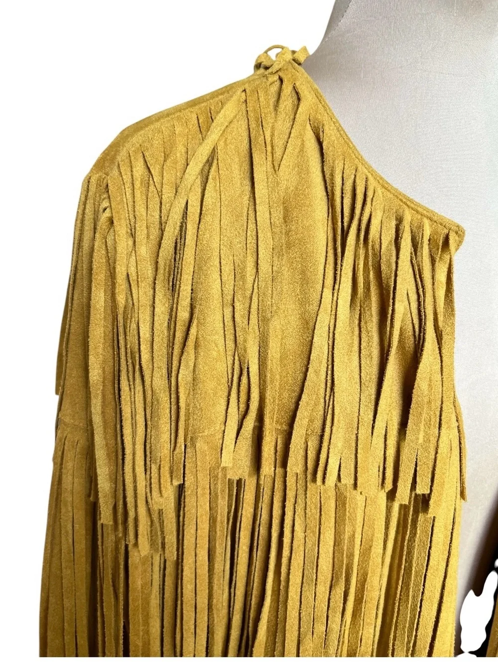 DO + BE Faux Leather Suede Yellow Multi-Tiered Fringe Open Jacket L - Picture 3 of 13